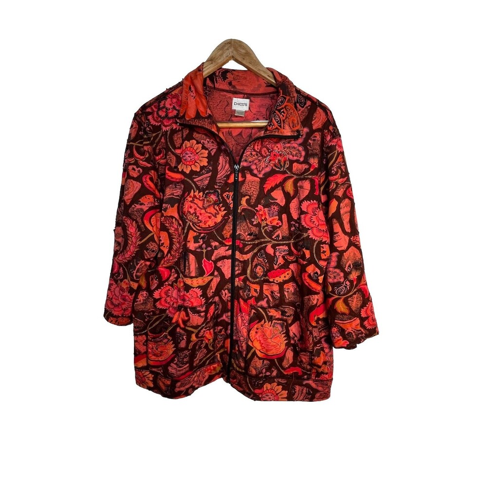Chicos Beaded Boho Zip Down Floral Art Print Jacket Blouse Top sz 3 / 16 XL (15)